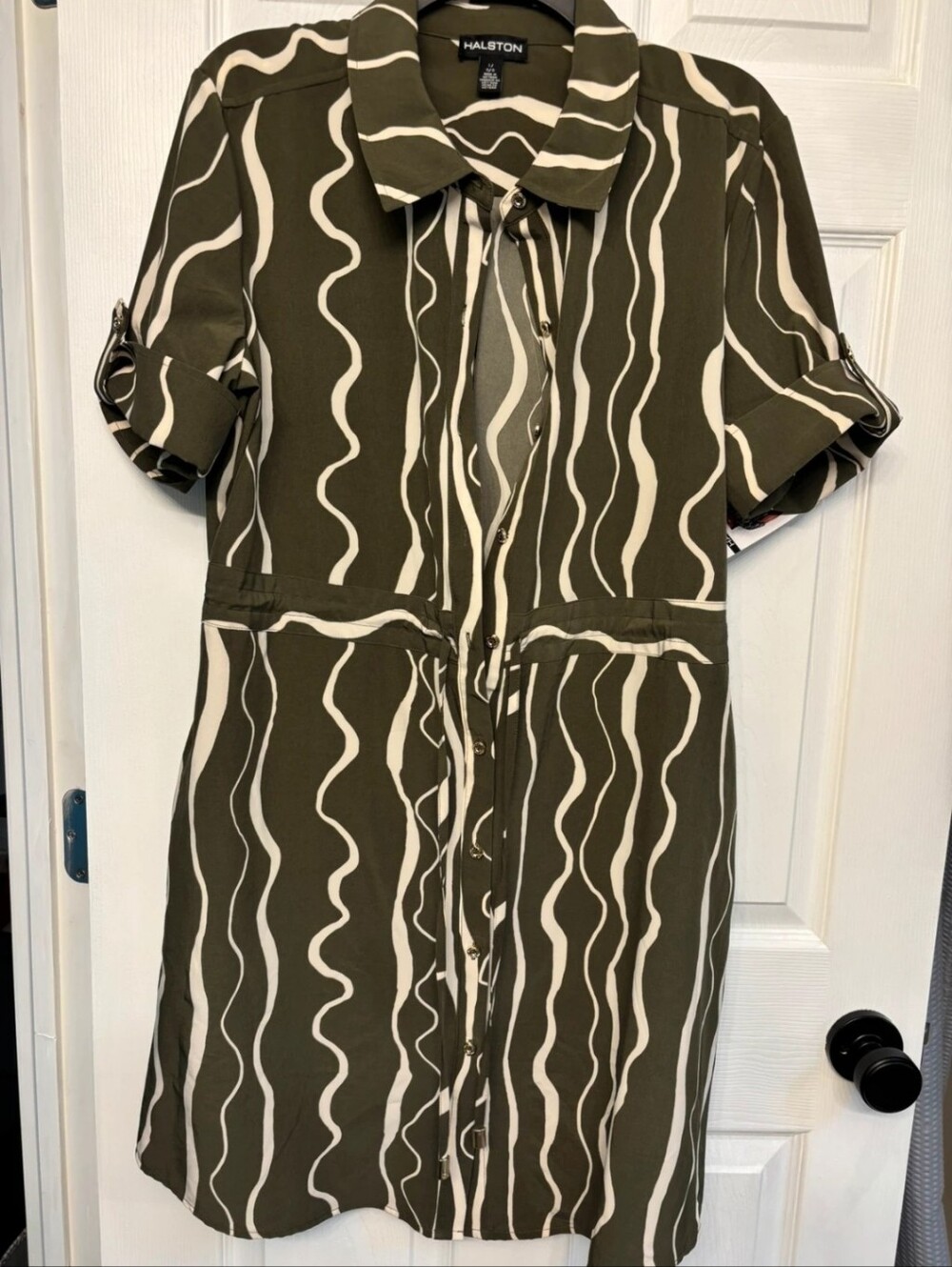 Halston Heritage Olive and Cream Wavy-Stripe Midi Shirt Dress with Tie Waist